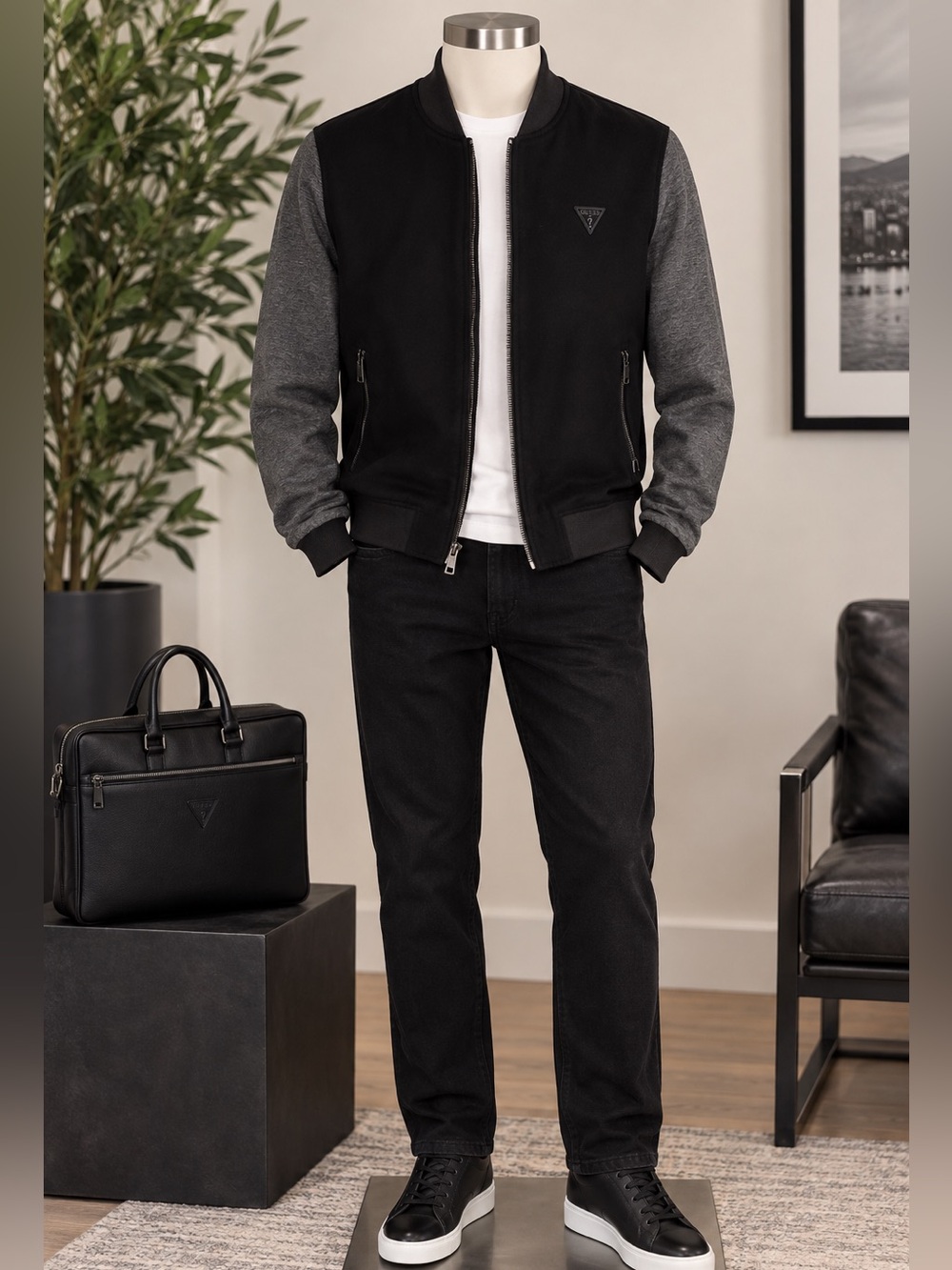 Guess Black and Gray Bomber Varsity Jacket